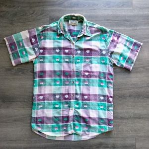 Vintage 24 Karat Women's Short Sleeve Button Up Shirt w/ Heart Embroidery Size M